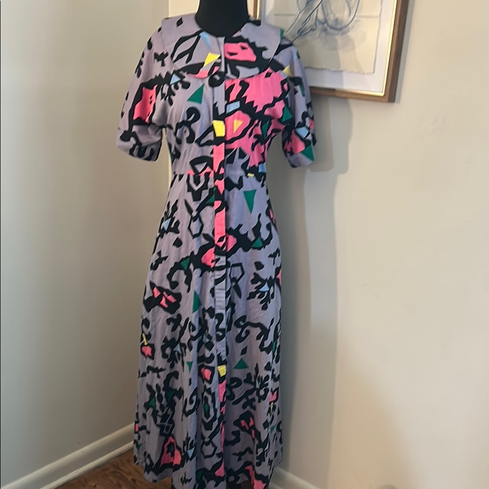 Buru | Purple Pink Abstract Whimsical Print Peter Pan Collar Dress -XS